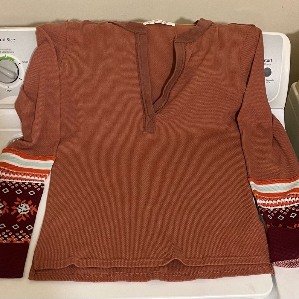 PRICE DROP Free People Rust Henley Top with Patterned Sleeves - Picture 6 of 9